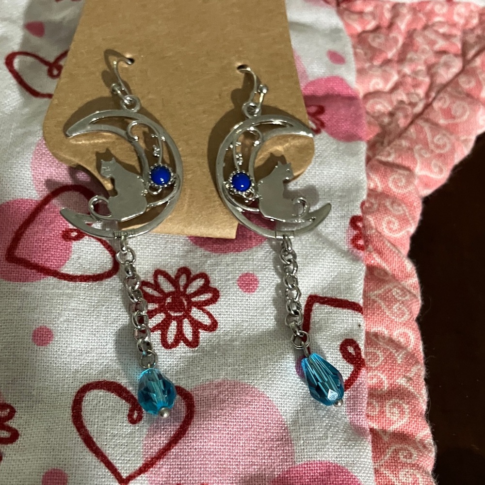 Silver Cat Moon Earrings with Blue Accents